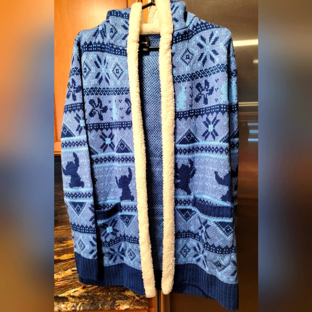 NEW Disney Lilo & Stitch Cardigan Hoodie Small Blue Fair Isle Sherpa Trim